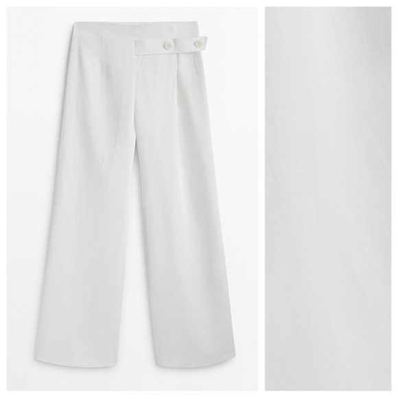 NWT. Massimo Dutti White Wide-Leg Waxed Trousers with Buttoned Strip. Size 6. - Picture 5 of 12